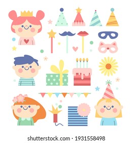 Birthday party set. Joyful children, holiday decor, cake, gifts