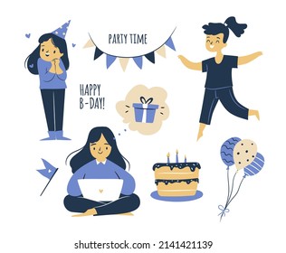 Birthday Party Set. Minimalist Vector Illustration Set Of Bday Party Elements.