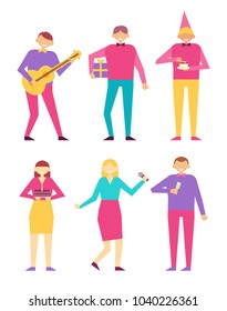 Birthday party set of people having fun playing on guitar, man with present gift box, in celebrative cap, woman singing, with cake in hands vector