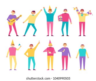 Birthday party set of people having fun playing on guitar, man with present gift box, in celebrative cap, with cake in hands vector cartoon males