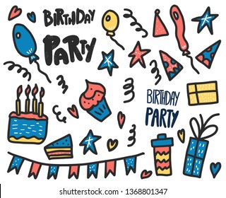 Birthday party set. Quote with fun event symbols. Handdrawn lettering with decoration holiday elements for invitation, flyer, greeting card, banner, print. Vector color birthday concept illustration.