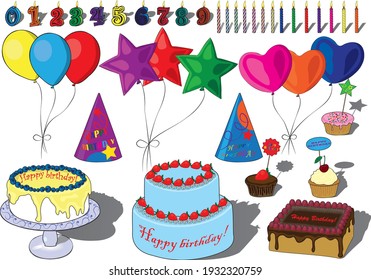 Vector de fiesta de cumpleaños con pasteles, velas de colores, velas numerales, globos, gorra de cumpleaños y muffins