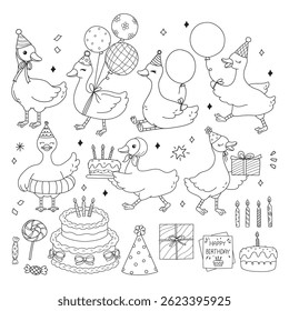 Birthday Party with Silly Goose and Trendy Goose Doodle Cartoon Style Hand Drawn Elements Outline Coloring Page Vector