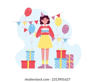 Birthday party. Smiling girl with cone hat on head holding cake with candles in hands and standing among gift boxes and flying colorful balloons. Vector illustration