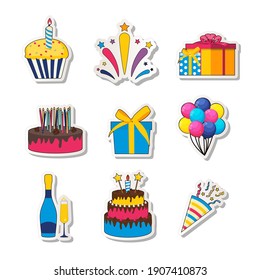 Birthday Party Sticker Collection Set Icon With Cake, Balloons And Gift Box. Vector Illustration