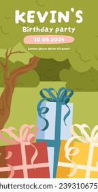 Birthday party story vector template. Colorful gift boxes. Present and surprise. Greeting and invitation postcard. Social media cover. Flyer and booklet. Cartoon flat vector illustration