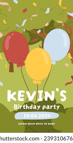 Birthday party story vector template. Colorful air balloons with ribbons. Greeting and invitation postcard. Social media cover. Graphic element for website. Cartoon flat vector illustration