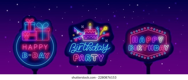 Birthday party street neon billboards set. Anniversary evening. Presents, cake and firework. Retro frame. Light outdoor advertisings. Luminous labels. Shiny greeting card. Vector stock illustration