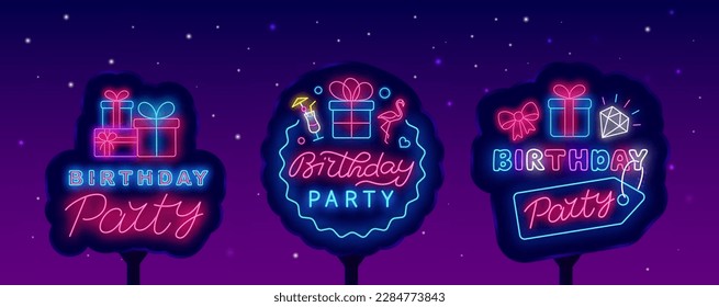 Birthday party street neon billboards set. Bday celebration. Circle frame with gift boxes. Light outdoor advertisings. Luminous banners. Shiny greeting card. Glowing signs. Vector stock illustration