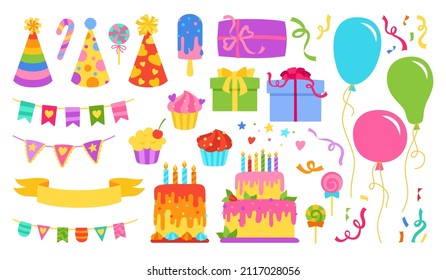 Birthday party surprise cartoon set. Holiday celebrate cake, gift, candy muffin, balloon greeting anniversary collection. Celebration garland, ribbon, elements for card, invitation design decoration