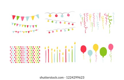 Birthday party symbols set, colorful carnival festive design elements with colorful balloons, flags, decorative ribbons vector Illustration on a white background