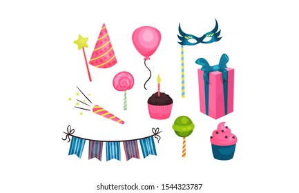 Birthday Party Symbols Vector Set. Festive Colorful Concept
