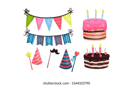Birthday Party Symbols Vector Set. Festive Colorful Concept