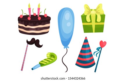 Birthday Party Symbols Vector Set. Festive Colorful Concept