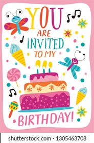 Birthday party. Template with cake in childish style for designing own posters and invitation cards. Vector isolated illustration. 