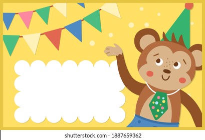 Birthday party template with cute animal. Anniversary greeting and placement card or invitation with monkey and flags on yellow background. Bright pre-made holiday event design for kids. 
