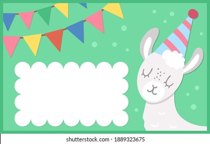 Birthday party template with cute animal. Anniversary greeting and placement card or invitation with llama and flags on green background. Bright pre-made holiday event design for kids. 
