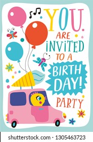 Birthday party. template with a cute chicken in childish style for designing own posters and invitation cards. vector isolated illustration