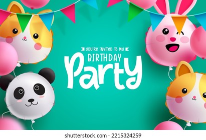 Birthday party text vector design. Birthday character inflatable balloons with pennants decoration in green empty space background. Vector Illustration.