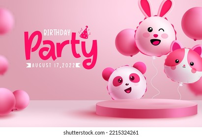 Birthday party text vector design. Character balloons floating in podium stage for holiday presentation in pink background. Vector Illustration.