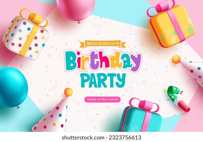 Diseño vectorial de texto de fiesta de cumpleaños. Tarjeta de invitación feliz cumpleaños con colorida caja de regalo, sombrero de fiesta, globos y elementos de fiesta. Ilustración vectorial fondo de tarjeta de dedicación.