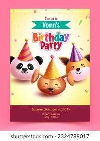 Birthday party text vector poster design. Happy birthday invitation card layout with animal characters postcard. Vector illustration celebration dedication card.