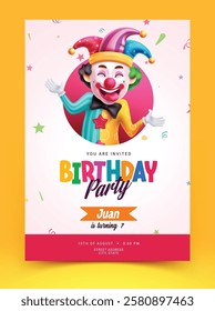 Birthday party text vector poster design. Birthday invitation, greeting and post card with clown character in colorful outfit. Vector illustration event celebration card template.
