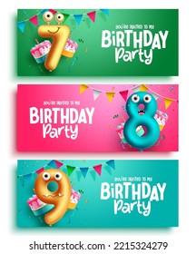 Diseño de conjunto de vectores de texto de fiesta de cumpleaños. Colección de caracteres de número de globos con elementos de inclinación y fiesta en un fondo colorido. Ilustración vectorial.