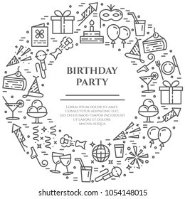 Birthday party theme banner consisting of line icons with editable stroke in form of circle with copy space - elements for invitation or congratulation card in minimalistic style. Vector illustration.