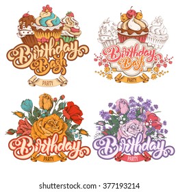 Birthday Party Themed Calligraphic Overlays Design Vector Set with Vintage Hand Drawn Flowers and Cupcakes. Isolated on white background.