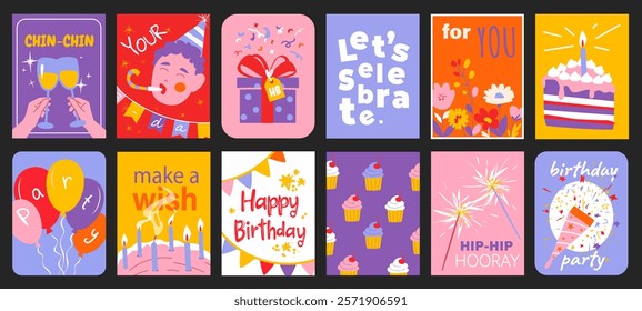 Birthday party typography template posters. Covers with champagne cheers, garland, gift, flower, cake with candles, balloons, other. Social media banners set in retro 90s design. Vector illustration.