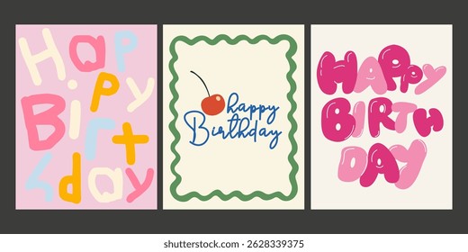 Birthday party typography template posters. Hand drawn greeting cards design in doodle retro style. Colorful hand lettering design for Birthday card. Vector illustration. Postcard collection