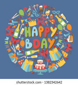 Birthday party vector anniversary cartoon kids happy birth cake or cupcake celebration with gifts and birthday hat champagne backdrop illustration background.