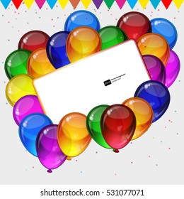 Birthday party vector background - colorful festive balloons, confetti, ribbons flying for celebrations card in isolated white background with space for you text.
