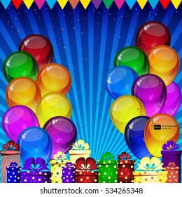 Birthday party vector background - colorful festive balloons, confetti, ribbons flying for celebrations card in isolated white background with space for you text.
