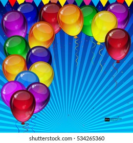 Birthday party vector background - colorful festive balloons, confetti, ribbons flying for celebrations card in isolated white background with space for you text.