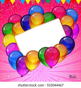 Fondo vectorial de fiesta de cumpleaños - globos festivos coloridos, confeti, cintas volando para la tarjeta de celebraciones en un fondo blanco aislado con espacio para tu texto.