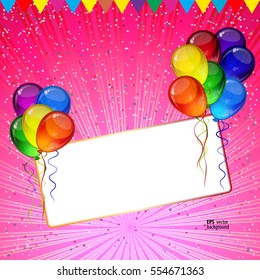 Birthday party vector background - colorful festive balloons, confetti, ribbons flying for celebrations card in isolated white background with space for you text.