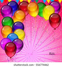 Fondo vectorial de fiesta de cumpleaños - globos festivos coloridos, confeti, cintas volando para la tarjeta de celebraciones en un fondo blanco aislado con espacio para tu texto.