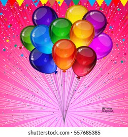 Birthday party vector background - colorful festive balloons, confetti, ribbons flying for celebrations card in isolated white background with space for you text.