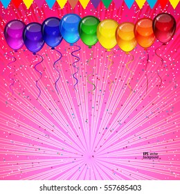 Birthday party vector background - colorful festive balloons, confetti, ribbons flying for celebrations card in isolated white background with space for you text.