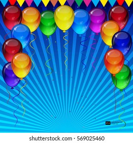 Birthday party vector background - colorful festive balloons, confetti, ribbons flying for celebrations card in blue background with space for you text.