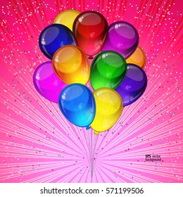 Fondo vectorial de la fiesta de cumpleaños - globos festivos coloridos, confeti, cintas volando para las celebraciones tarjeta en fondo rosa con espacio para tu texto.