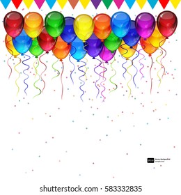 Birthday party vector background - colorful festive balloons, confetti, ribbons flying for celebrations card in isolated white background with space for you text.