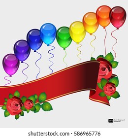 Birthday party vector background - colorful festive balloons, flowers of roses, ribbons flying for celebrations card in isolated white background with space for you text.