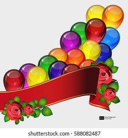 Birthday party vector background - colorful festive balloons, flowers of roses, ribbons flying for celebrations card in isolated white background with space for you text.