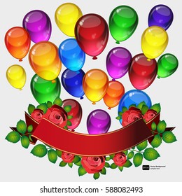 Birthday party vector background - colorful festive balloons, flowers of roses, ribbons flying for celebrations card in isolated white background with space for you text.