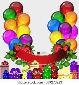 Birthday party vector background - colorful festive balloons, flowers of roses, ribbons flying for celebrations card in isolated white background with space for you text.