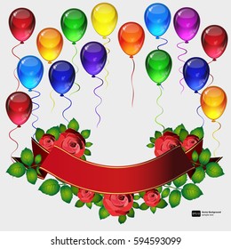 Birthday party vector background - colorful festive balloons, flowers of roses, ribbons flying for celebrations card in isolated white background with space for you text.