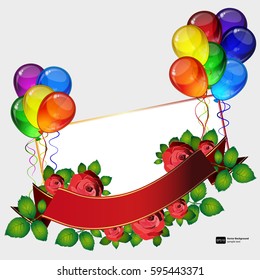Fondo vectorial de fiesta de cumpleaños - globos festivos coloridos, flores de rosas, cintas volando para las celebraciones, tarjeta en un fondo blanco aislado con espacio para el texto.
